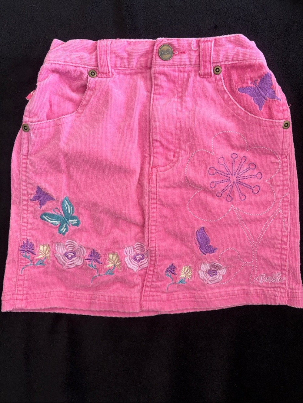 Barbie Soft Corduroy Pink Butterfly and Floral Embroidered Detail Pockets Size 6